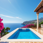 **Luxury Spanish villa with infinity pool overlooking the Mediterranean Sea, vibrant bougainvillea, sunny afternoon.**