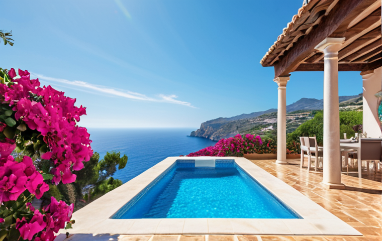 **Luxury Spanish villa with infinity pool overlooking the Mediterranean Sea, vibrant bougainvillea, sunny afternoon.**