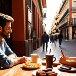 **"Cozy Madrid café, afternoon light, people chatting, 'churros con chocolate' on the table, warm atmosphere, focus on the food."** (This evokes a classic Spanish scene.)