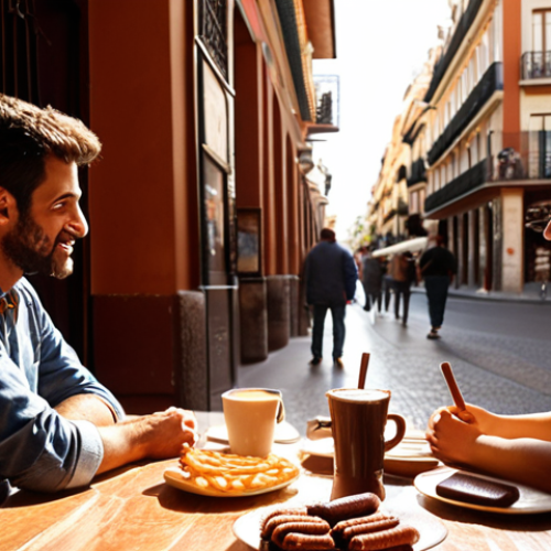 **"Cozy Madrid café, afternoon light, people chatting, 'churros con chocolate' on the table, warm atmosphere, focus on the food."** (This evokes a classic Spanish scene.)