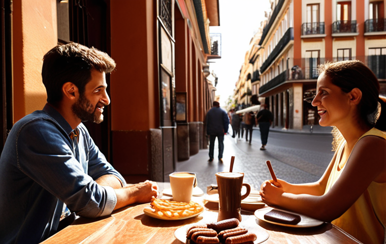 **"Cozy Madrid café, afternoon light, people chatting, 'churros con chocolate' on the table, warm atmosphere, focus on the food."** (This evokes a classic Spanish scene.)