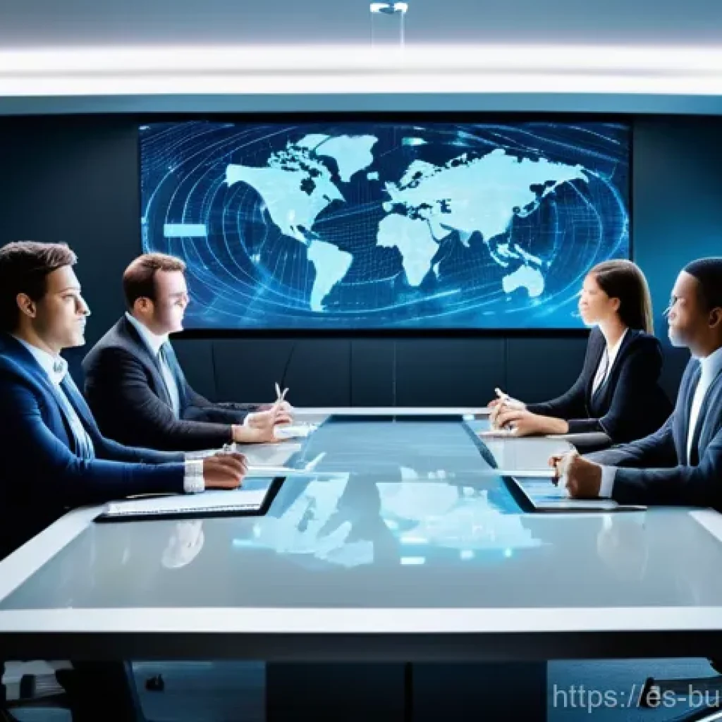 인 미디어 비즈니스의 경쟁사 벤치마킹 - A dynamic and futuristic corporate boardroom, bathed in soft, strategic lighting. At the center of a...