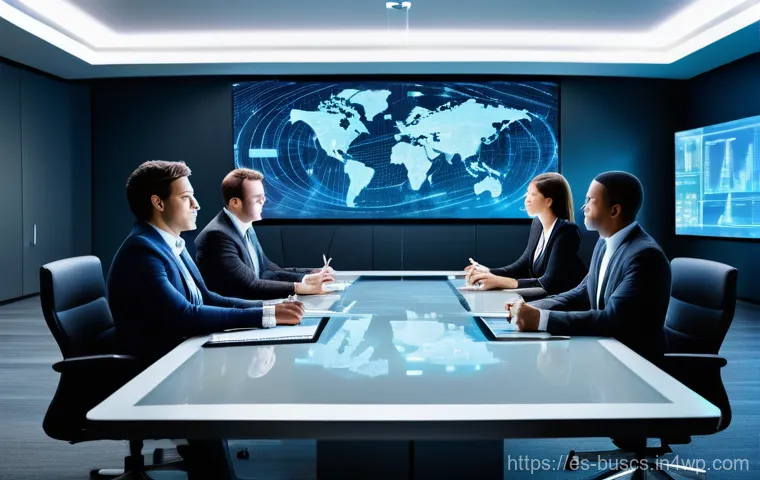 인 미디어 비즈니스의 경쟁사 벤치마킹 - A dynamic and futuristic corporate boardroom, bathed in soft, strategic lighting. At the center of a...