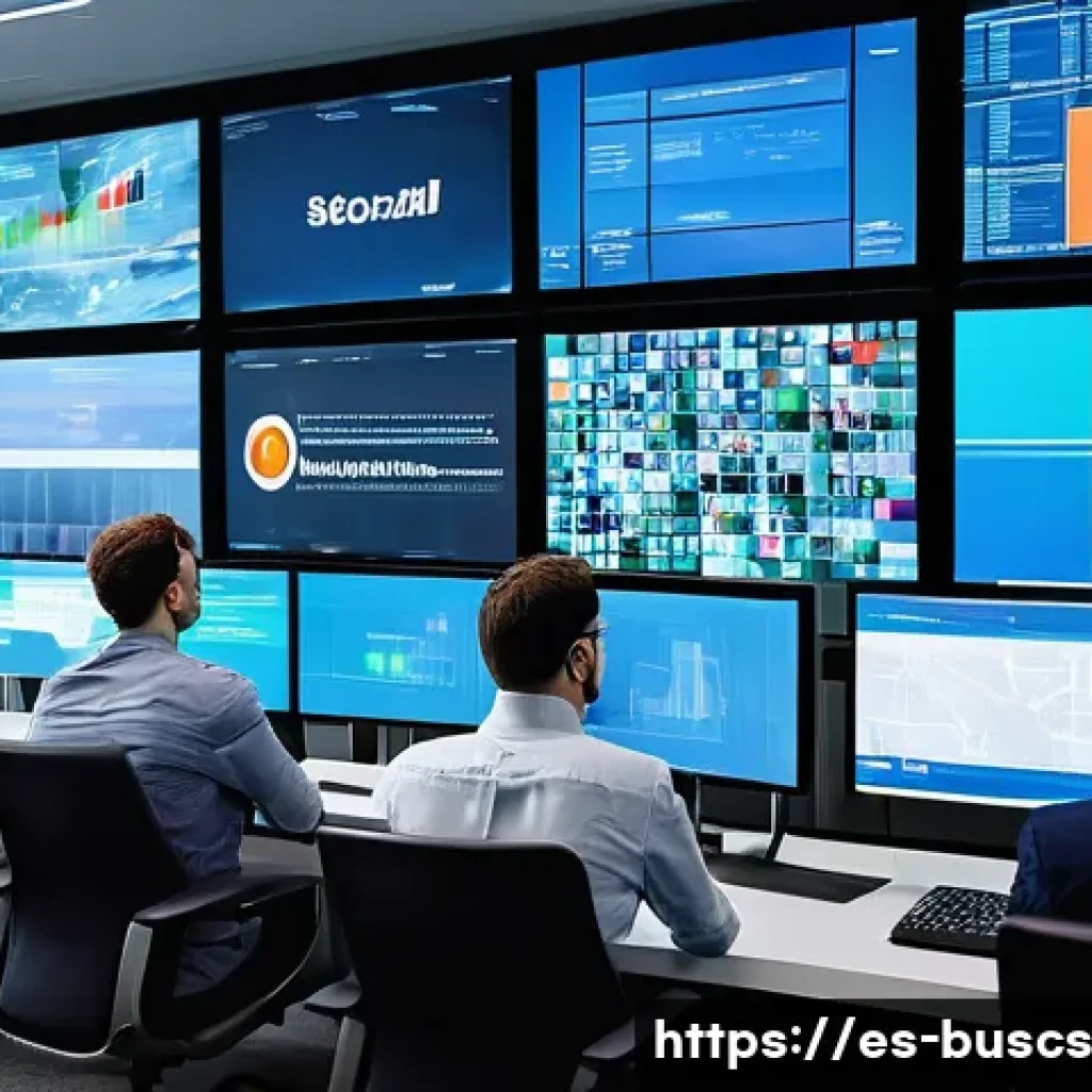인 미디어 비즈니스에서의 위험 관리 - A modern media control room with diverse professionals actively monitoring multiple large digital sc...