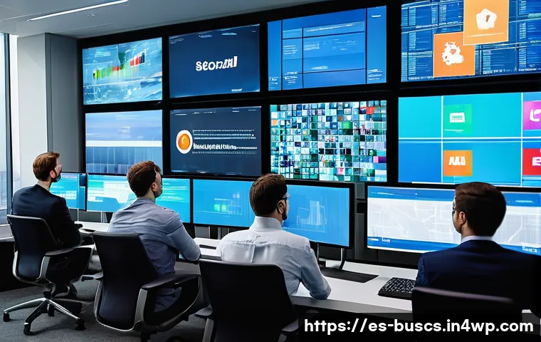 인 미디어 비즈니스에서의 위험 관리 - A modern media control room with diverse professionals actively monitoring multiple large digital sc...