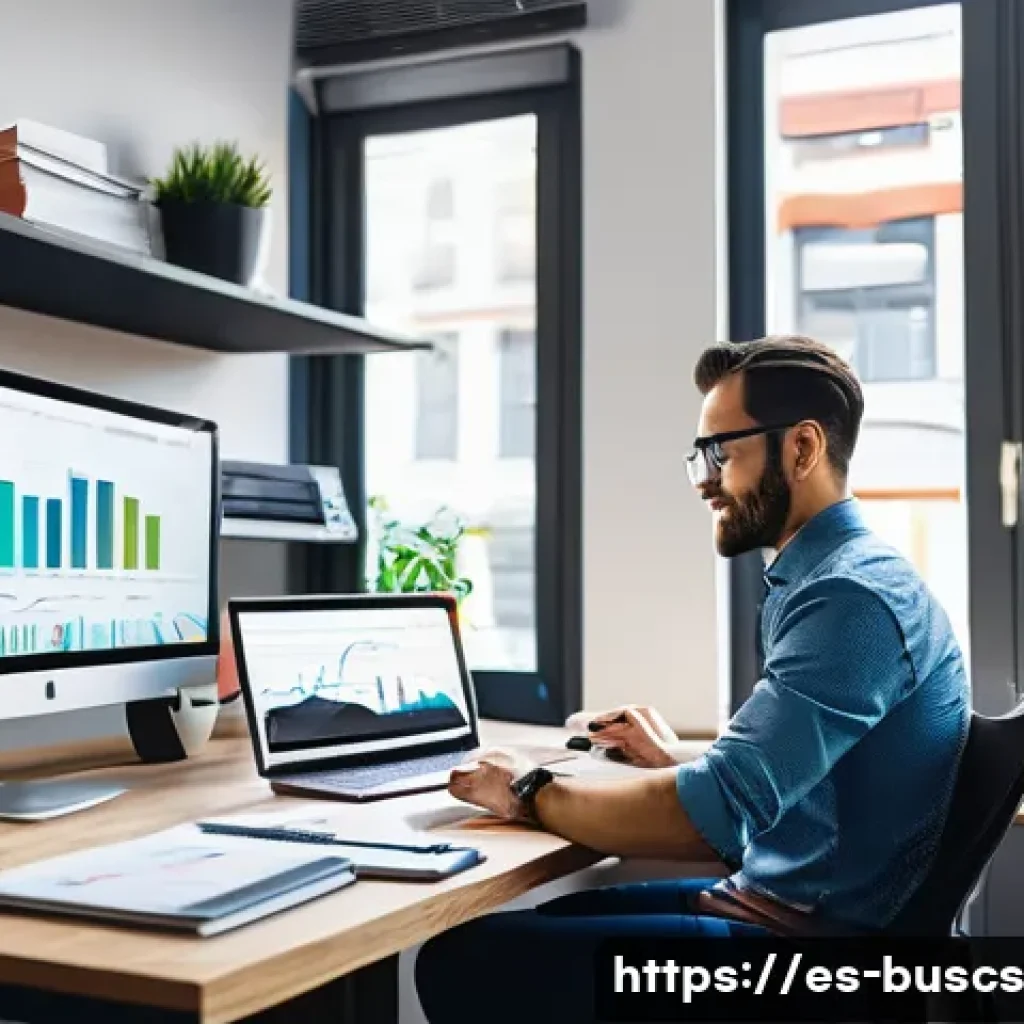 인 미디어 비즈니스의 지속적인 교육 필요성 - A modern digital marketing professional in a bright, sleek home office setting, surrounded by multip...