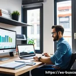 Home 22 인 미디어 비즈니스의 지속적인 교육 필요성 - A modern digital marketing professional in a bright, sleek home office setting, surrounded by multip...