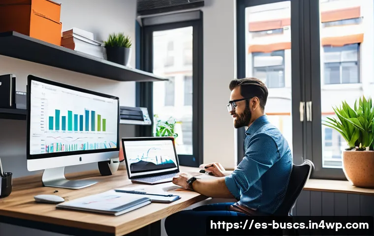 인 미디어 비즈니스의 지속적인 교육 필요성 - A modern digital marketing professional in a bright, sleek home office setting, surrounded by multip...