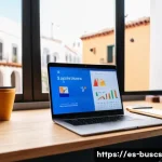 Home 21 인 미디어 비즈니스 운영 시 주의할 점 - A vibrant digital marketing workspace tailored for a Spanish-speaking audience, featuring a modern l...