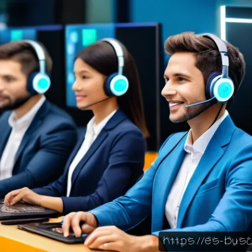 Home 32 인 미디어 비즈니스의 고객 응대 프로세스 - A modern customer service center in a bustling Latin American city, featuring a diverse team of cust...