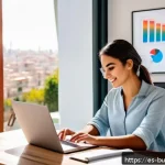 Home 23 인 미디어 콘텐츠 최적화 기법 - A vibrant digital marketing workspace in a modern Spanish home office, featuring a young Hispanic wo...