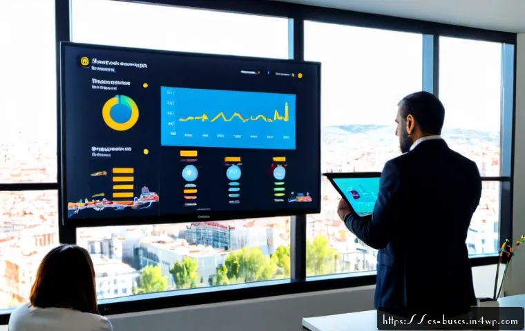 Home 17 인 미디어 비즈니스의 데이터 기반 마케팅 - Photorealistic Spanish media business analytics meeting in a bright modern Madrid office, diverse ma...